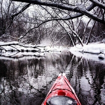 Hello winter enthusiasts I posted a winter kayaking pic on this sub last year and you guys seemed to really like it I took this picture a few months later while kayaking during a light snowfall Looking forward to the winter paddling season 