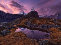 Here are some snowy mountain tops in a mid-autumn scenery Norway 