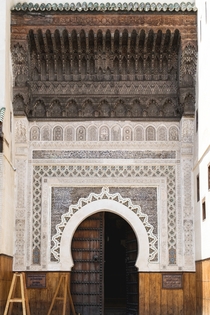 Highly detailed doorway leading into a woodwork museum - Fes Morocco 