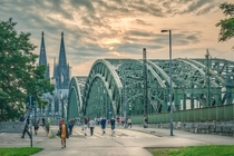 Hohenzollern Bridge in Cologne is the most heavily used railway bridge in Germany with more than  trains passing daily The  meters long bridge was opened in 