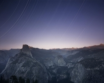hr double-exposure of Yosemite Valley Shot on film with a x camera Foreground exposure at sunset then left the camera out all night long to capture the stars The white spots near the bottom are flashlights from hikers 