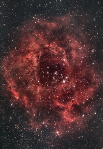 I imaged the Rosette nebula for a total of almost  hours from Malta using a  inch Newtonian and an astro-modified Canon D The nebula is a massive star-forming region in Monoceros located around  light years from Earth The central star cluster NGC formed f