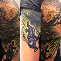 I saw someone elses absolute LOVE for space tattooed on their arm in this sub so I figured Id share mine so far Full sleeve in the works