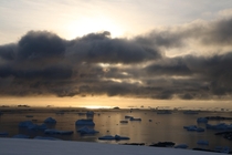 Icebergs and islands become nearly indistinguishable in evening light Antarctic Peninsula 