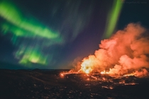 Icelandic Volcano in Geldingadalur lit by Northern Lights 