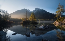 Incredible calm sunrise at the Hintersee near Berchtesgaden southern Germany 