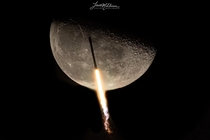 Incredible photo taken by Trevor Mahlmann of Falcon  rocket passing in front of the moon