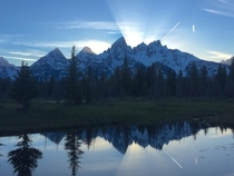 Incredible view of the Grand Tetons at sunset from Schwabachers Landing - Grand Teton National Park Wyoming  OC