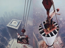 Iron Workers from New York Local  and PANYNJ moving a section of the World Trade Center antenna into place Photographed  feet above the streets of New York and  feet above the North Tower of the World Trade Center Image copyright Peter B Kaplan 