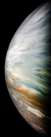 Junos cameras captured images of Jupiters equatorial zone with its thick white clouds
