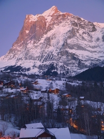 Just after sunset on a winter day in Grindelwald Switzerland