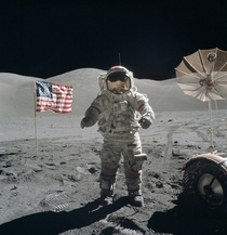 Last men on the Moon In December of  Apollo  astronauts Eugene Cernan and Harrison Schmitt spent about  hours on the lunar surface in the TaurusLittrow valley Schmitt took this picture of Cernan flanked by an American flag and their lunar rovers high-gain