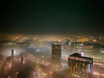 Leeds UK on a foggy night 
