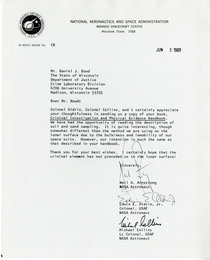 Letter from Armstrong Aldrin and Collins NASA to the WI Crime Lab  