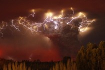 Lightning flashes around the ash plume of the Puyehue-Cordon Caulle volcano chain near Entrelagos Chile 