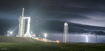 Lightning strikes in the distance with SpaceX Crew Dragon Demo  on pad A 