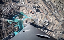 Looking down at Dubai from the very top of the worlds tallest building the Burj Khalifa 