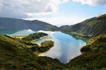 Looking down at Lagoa do Fogo Fire Lake on the island of Sao Miguel Azores 