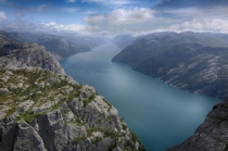 Looking down Lysefjord Pulpit Rock Norway Preikestolen Norge   CC BY-NC-ND 