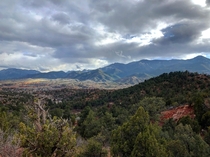 Looking toward the Rockies from Garden of the Gods in Colorado Springs The Sun just barely poking through a cloudy sky OC x