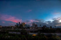 Los Angeles at sunset featuring the moon Stitched  photos to create this Resolution is low because of crop and compression IG tenounces_ OC x