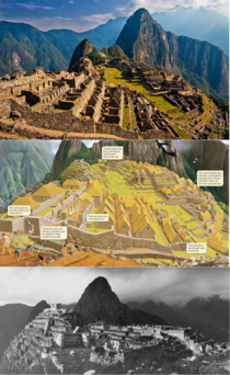 Machu Picchu How it looked when it was discovered  how it looks today and and a drawing of how it likely looked when it was inhabited ca th century