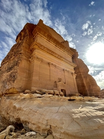 Madain Saleh Saudi Arabia You may assume that its some sort of dwelling but its actually a Tomb for the rich and powerful of that time The  steps at the top of the structure were the steps youd take to heaven in the afterlife 