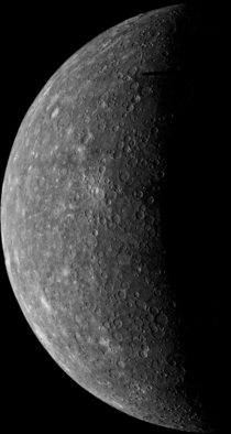 Mariner s first image of Mercury During its flight Mariner s trajectory brought it behind Mercury where this image was taken in order to acquire important measurements This picture was acquired from a distance of  miles from the surface of Mercury 