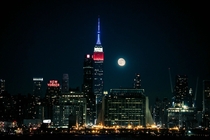 Midtown Manhattan and the Empire State Building with a semi-full moon rise as seen from my wedding reception 
