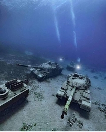 Military equipment and tanks abandoned underwater in Jordan