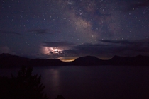 Milky Way and lightning over Crater Lake 