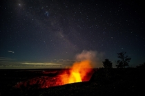 Milky Way over the erupting Kilaleua Volcano Volcanos National Park The Island of Hawaii 