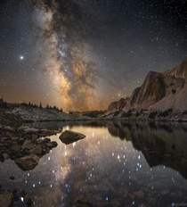 Milky Way reflected over lake in a Bortle  zone