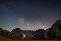 Milky Way rising over lake Buttermere and the surrounding hills  Lake District UK 