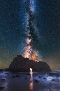 Milky Way shining through an arch on the California Coast 