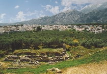 Modern Sparta Greece with ancient ruins in the foreground 