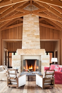 Monumental Limestone Fireplace in Greenest Custom Home in America - Portola Valley CA 