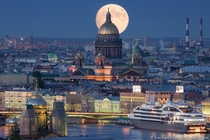 Moon Over Saint Isaacs Cathedral in Saint Petersburg Russia  photo by Ivan Smelov