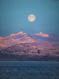 Moon set over icelandic glacier 
