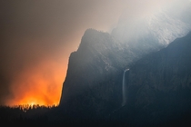Moonrays over Bridalveil Fall during a prescribed fire in Yosemite National Park 