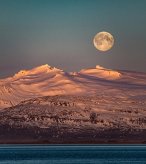Moonset over Vatnajkull glacier in Iceland while the sun rises in the back  - IG glacionaut