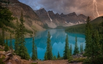 Moraine Lake and Valley of the Ten Peaks before a rainstorm Alberta Canada by Mike Reifman 