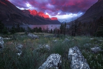 Morning Summer storm hits St Mary Lake Glacier National Park 