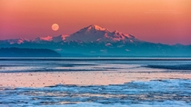 Mount Baker Full Moon at sunset on a cold winter evening from the shores of Boundary Bay BC Canada by Pierre Leclerc 
