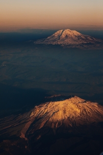 Mount St Helens and Mt Adams seen from above   x 