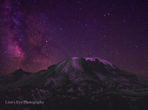 Mountain Galaxy Mt Fremont Fire Lookout View of Mt Rainier Composite shot of two images taken in the same spot roughly  hours apart to give a sharperbrighter foreground and a nice view of the milky way 