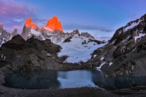 Mt Fitzroy illuminated bright red by the rising sun at Laguna de los Tres El Chalten Argentina Totally worth the freezing cold am hike up from our campsite 