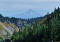 Mt Hood rises over a canyon at Silver Star Scenic Area WA USA 