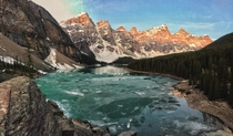 My first ever post and not the best quality but Sunrise over a slowly melting Moraine Lake AB last week 