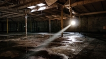 Natural light streaming into abandoned historic cotton warehouse